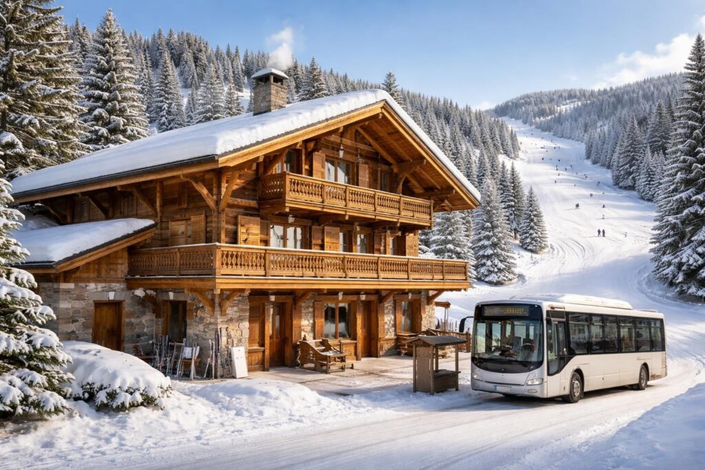 profitez d'un séjour inoubliable dans un chalet en bois confortable en savoie, avec accès direct aux pistes de ski et navettes gratuites pour un confort optimal.