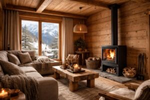 découvrez comment transformer un chalet en une ambiance chaleureuse et authentique grâce au lambris douglas et au poêle à bois invicta, pour un style montagne idyllique.