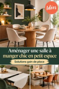 Salle à manger chic aménagée dans un petit espace avec des matériaux naturels et élégants.