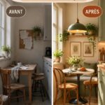 Un coin repas café cozy dans une cuisine en bois avec des chaises confortables.