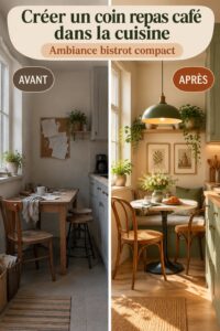 Un coin repas café cozy dans une cuisine en bois avec des chaises confortables.