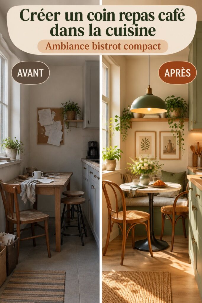 Un coin repas café cozy dans une cuisine en bois avec des chaises confortables.