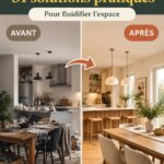 Cuisine ouverte sur salle à manger en bois, décorée de manière conviviale et chaleureuse.