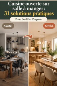Cuisine ouverte sur salle à manger en bois, décorée de manière conviviale et chaleureuse.