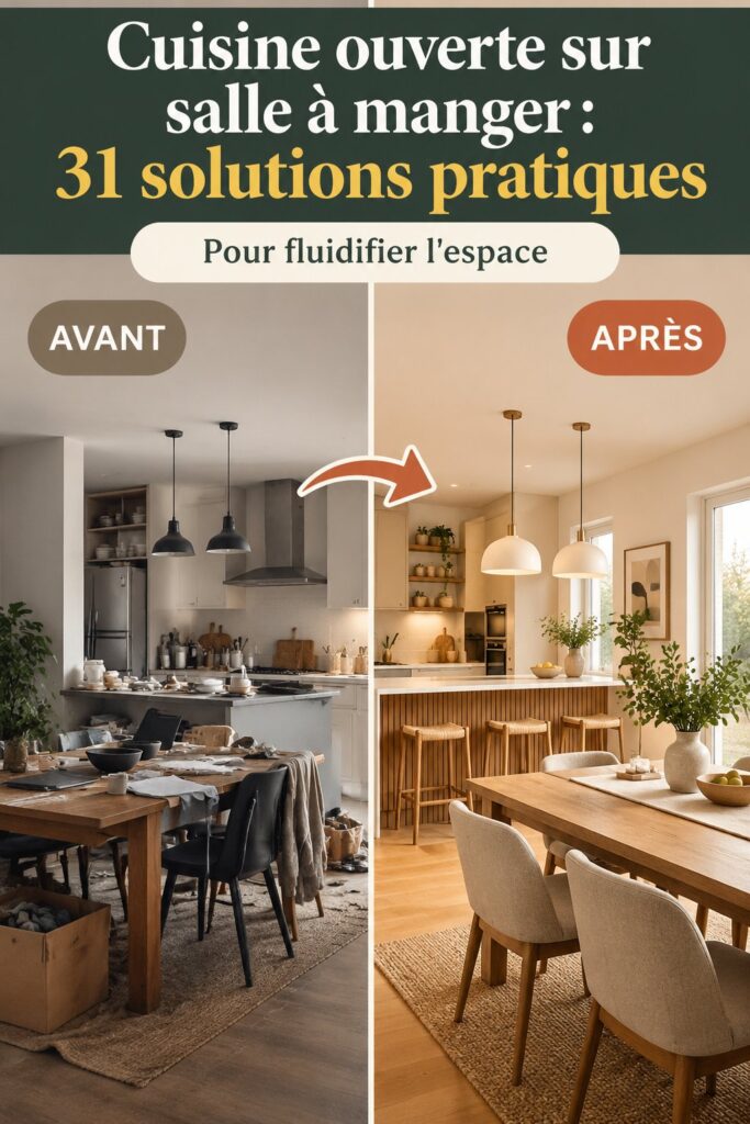 Cuisine ouverte sur salle à manger en bois, décorée de manière conviviale et chaleureuse.