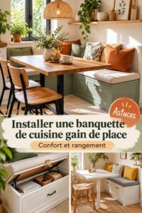 Banquette intégrée en bois dans une cuisine chaleureuse, optimisant l'espace.