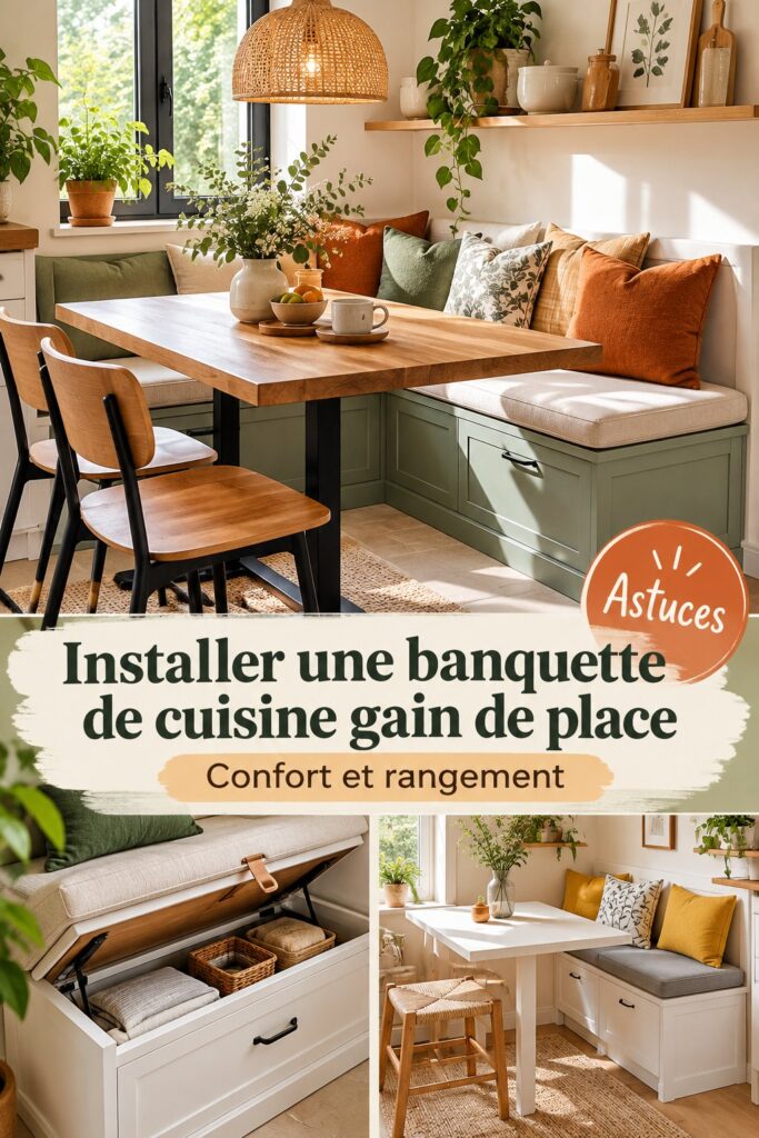 Banquette intégrée en bois dans une cuisine chaleureuse, optimisant l'espace.