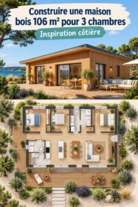 Maison en bois de 106 m² avec 3 chambres au style côtier, entourée de nature.